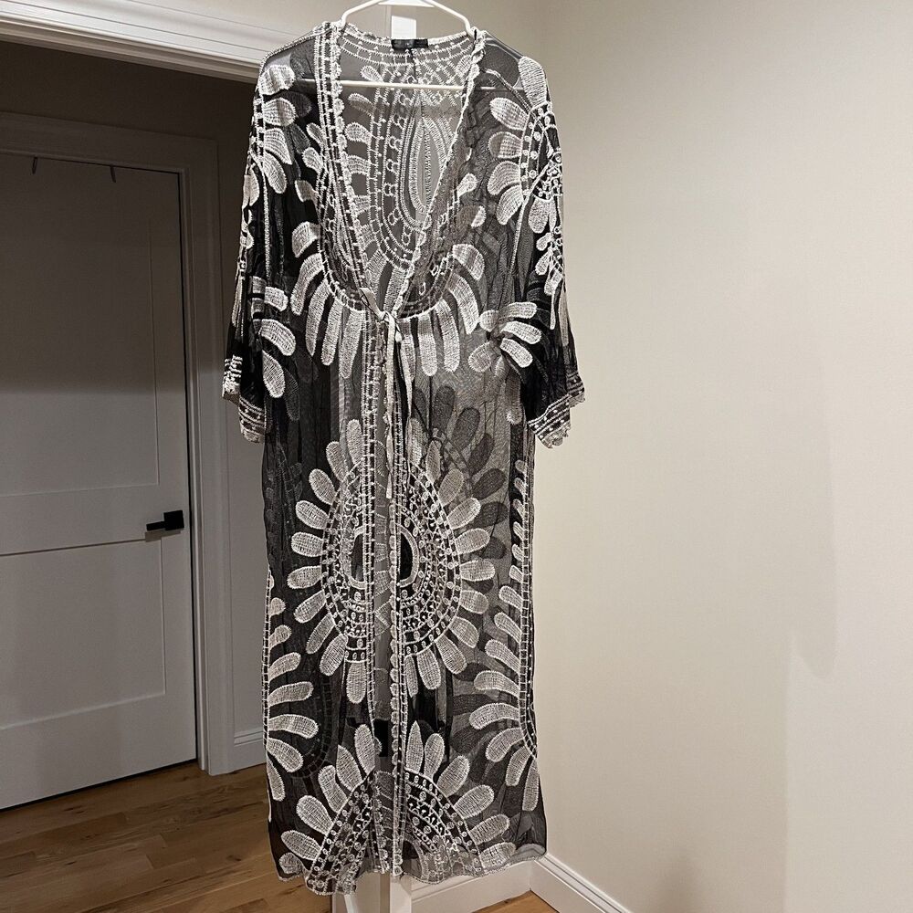 Shein Bohemian Sheer Black Mesh Lace Embroidered Duster Kimono Size Small EUC